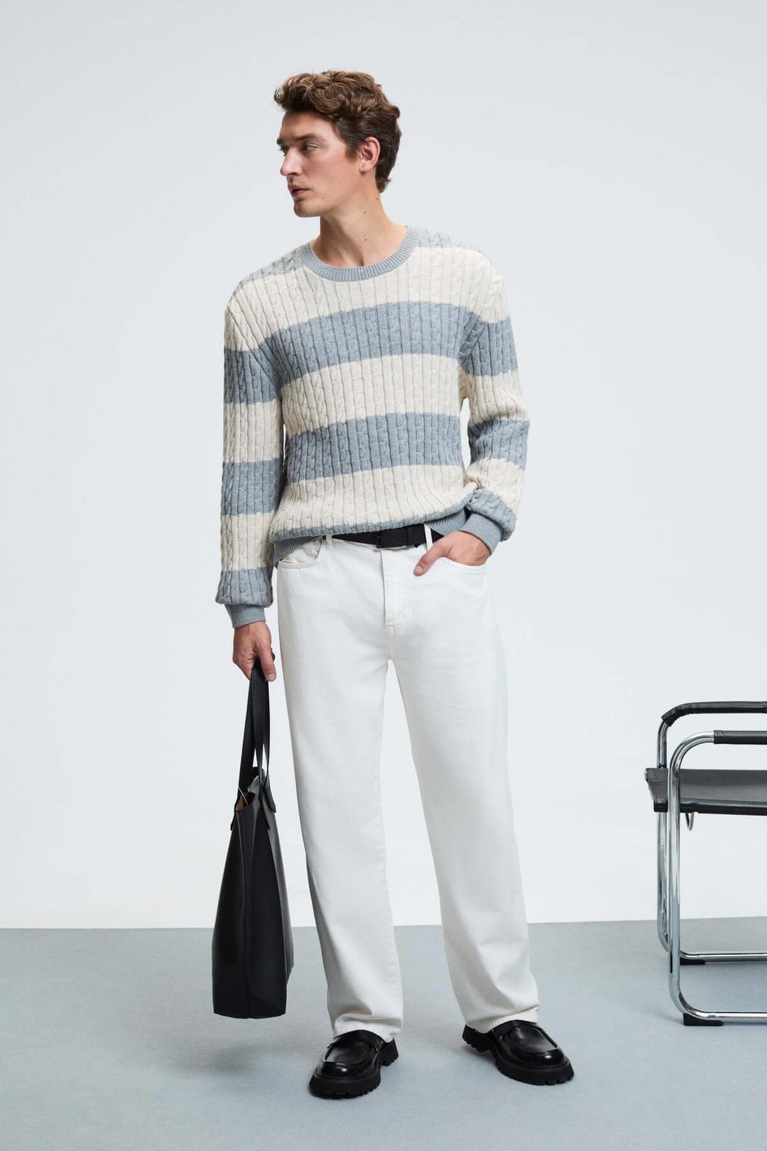 BRAID Erkek Yuvarlak Yaka Saç Örgü Desenli Regular Fit Grimelanj - Bej Kazak