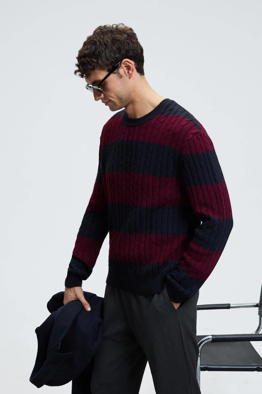 BRAID Erkek Yuvarlak Yaka Saç Örgü Desenli Regular Fit Bordo - Lacivert Kazak