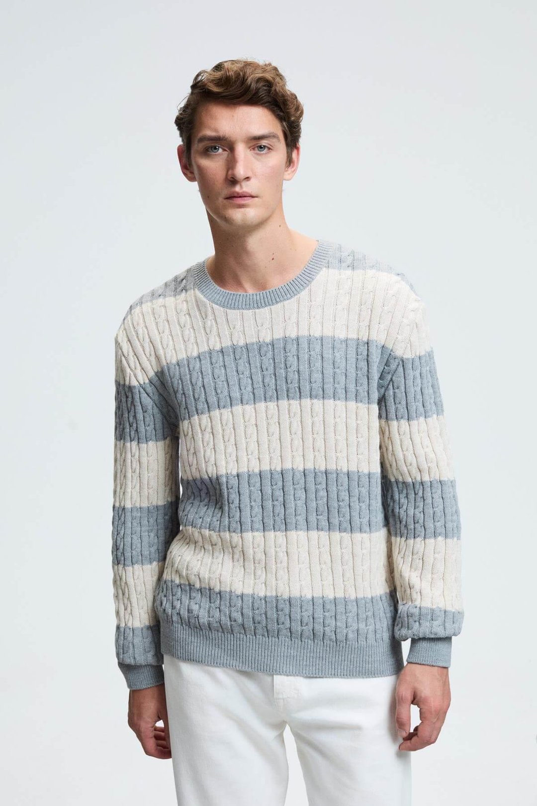 BRAID Erkek Yuvarlak Yaka Saç Örgü Desenli Regular Fit Grimelanj - Bej Kazak