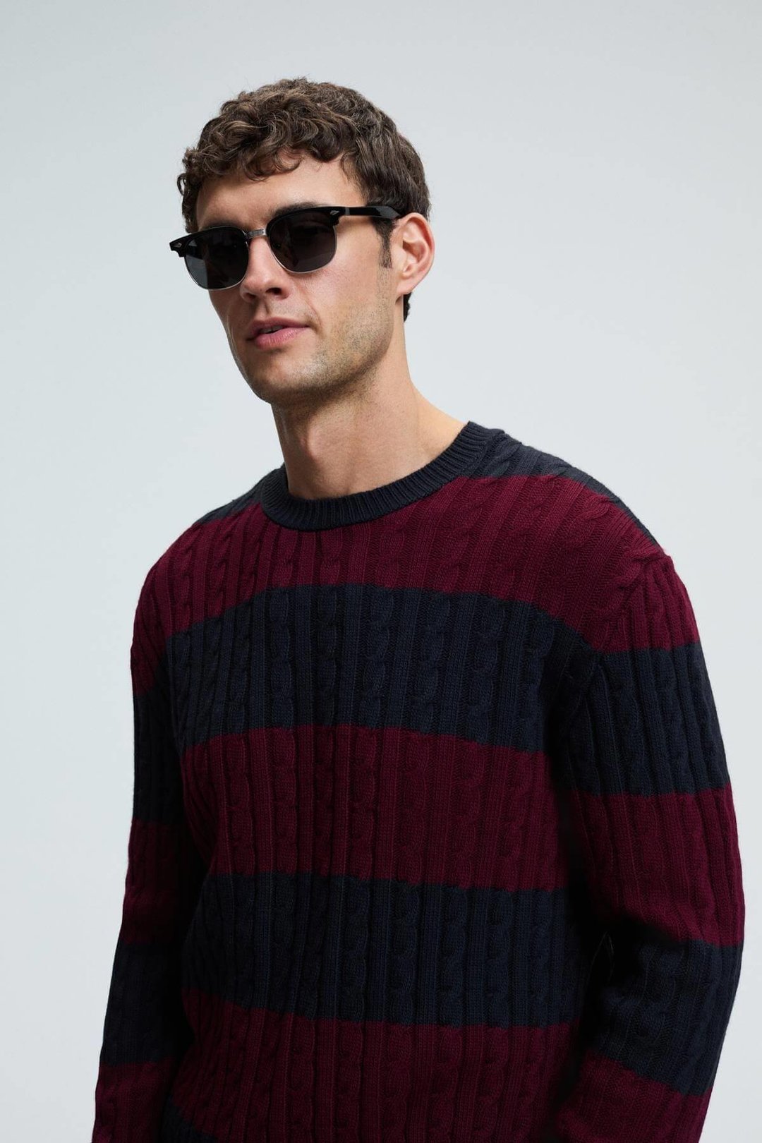 BRAID Erkek Yuvarlak Yaka Saç Örgü Desenli Regular Fit Bordo - Lacivert Kazak