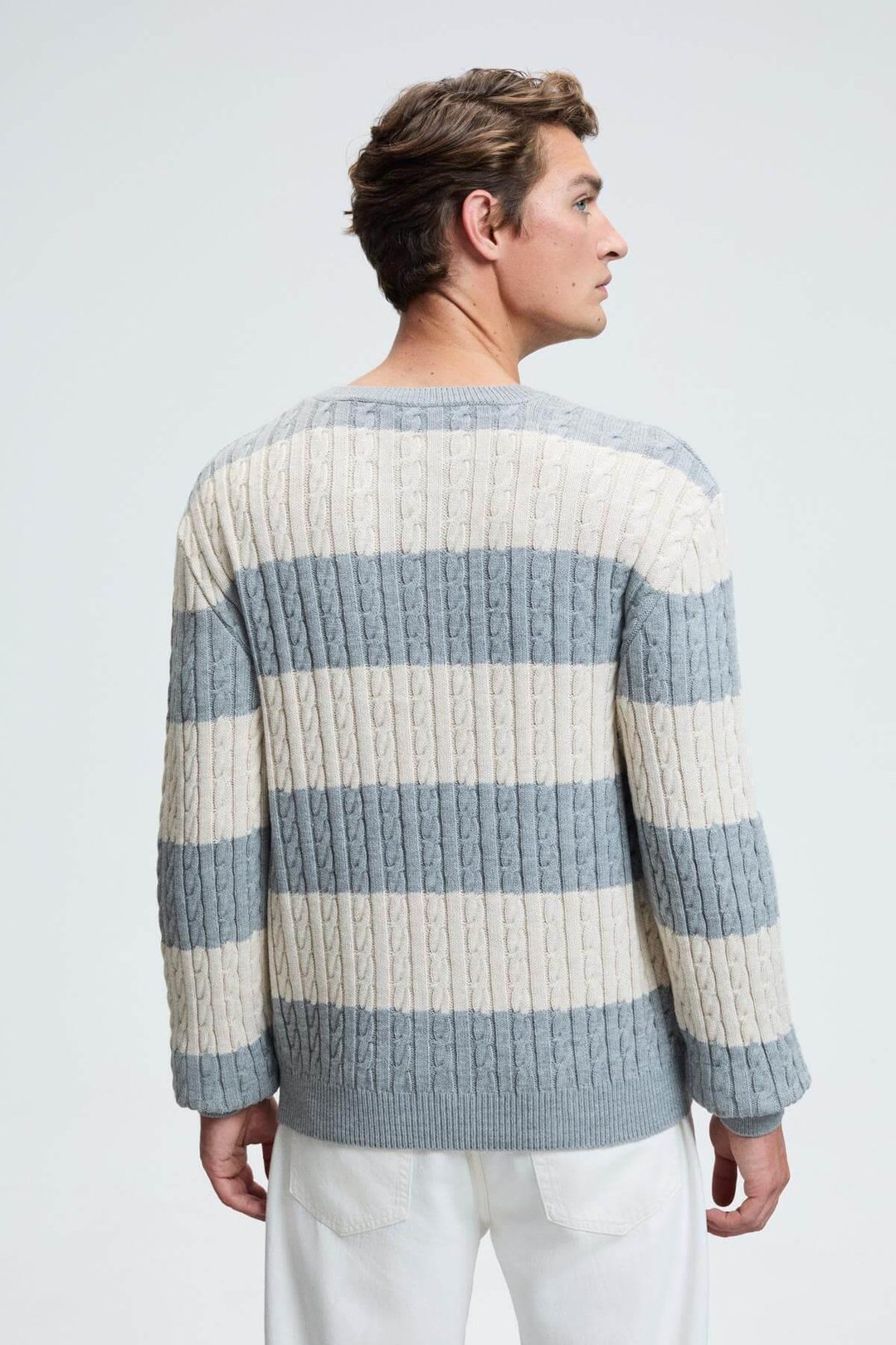 BRAID Erkek Yuvarlak Yaka Saç Örgü Desenli Regular Fit Grimelanj - Bej Kazak