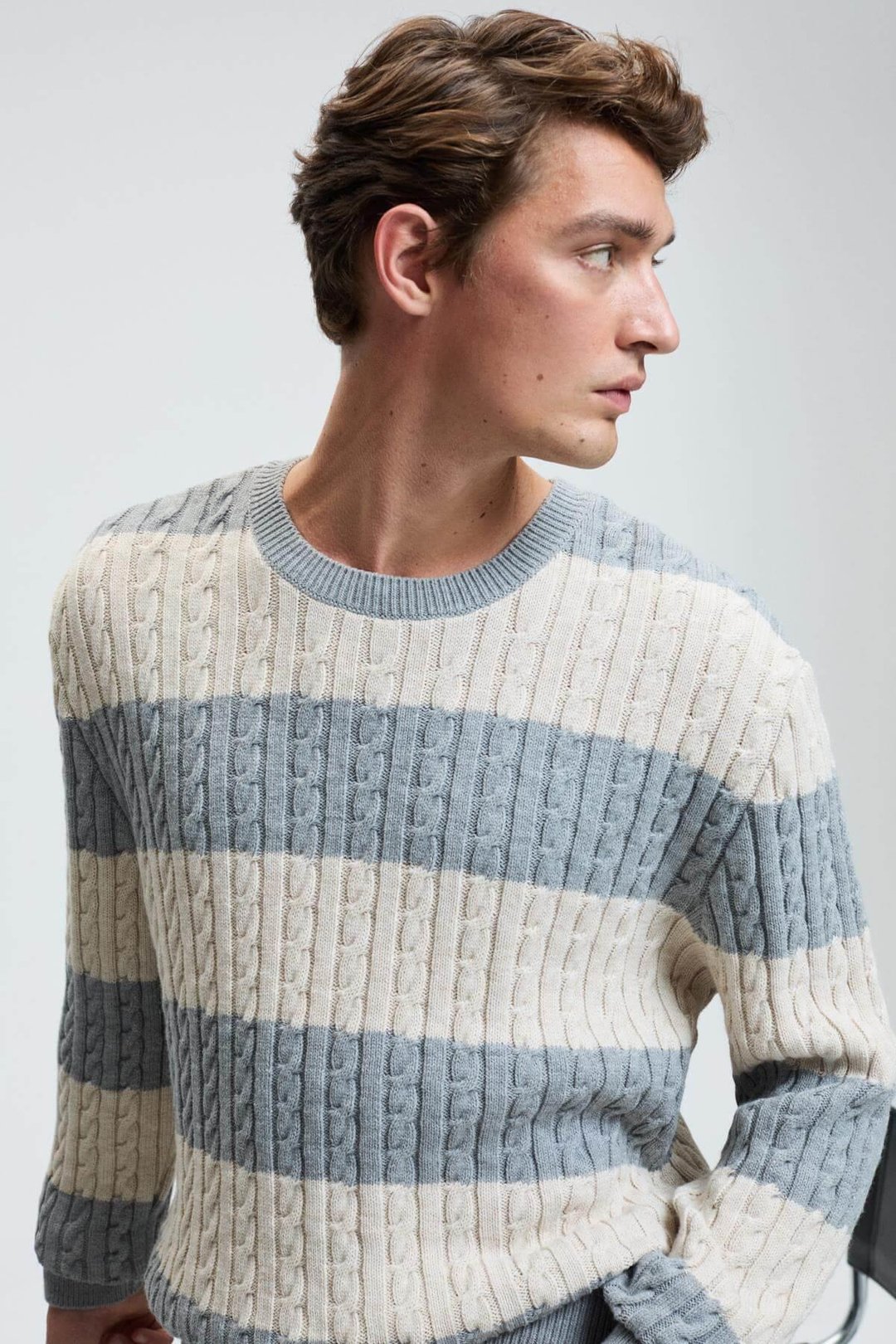 BRAID Erkek Yuvarlak Yaka Saç Örgü Desenli Regular Fit Grimelanj - Bej Kazak