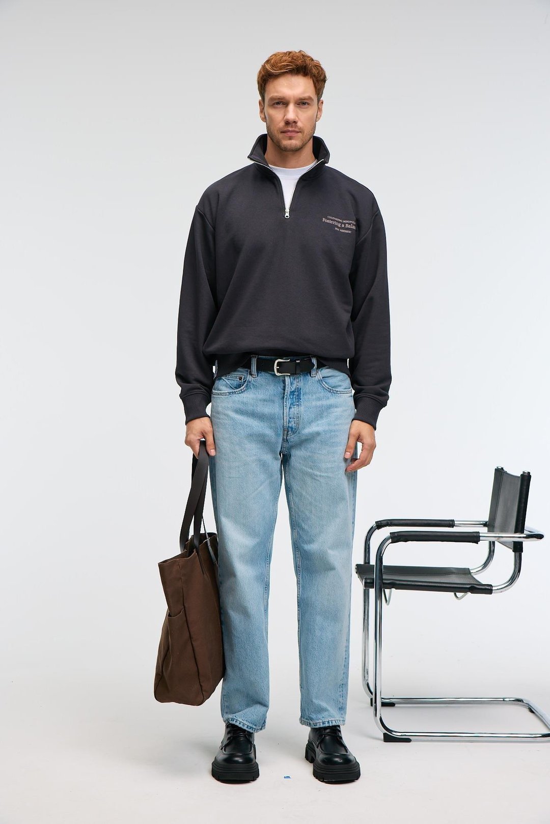 BRAM Erkek %100 Pamuk Dik Yakalı Yarım Fermuarlı Baskılı Antrasit Sweatshirt