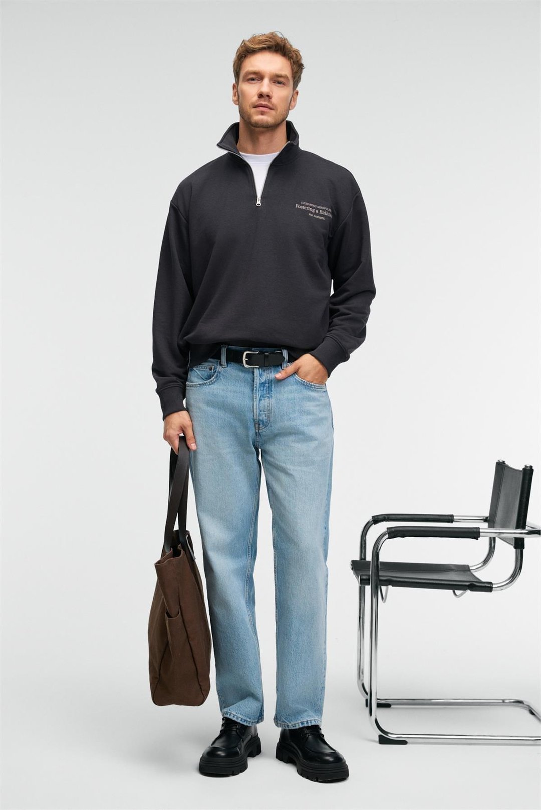 BRAM Erkek %100 Pamuk Dik Yakalı Yarım Fermuarlı Baskılı Antrasit Sweatshirt