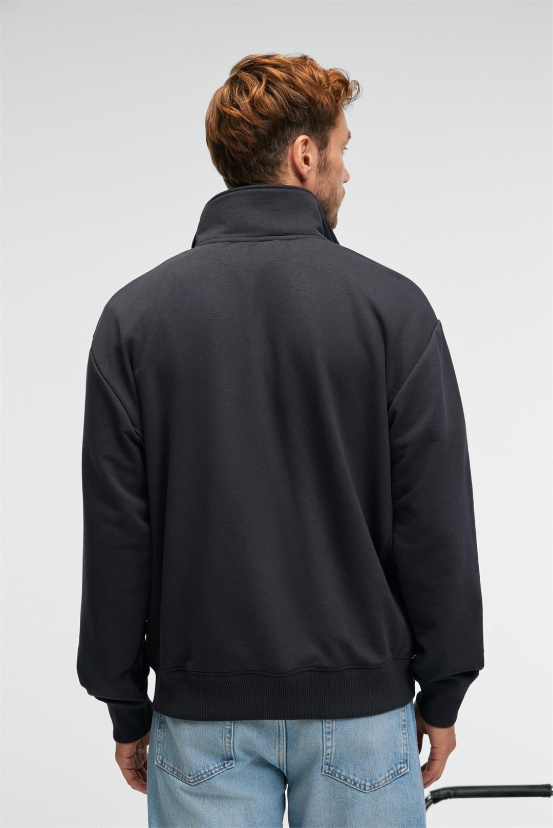 BRAM Erkek %100 Pamuk Dik Yakalı Yarım Fermuarlı Baskılı Antrasit Sweatshirt