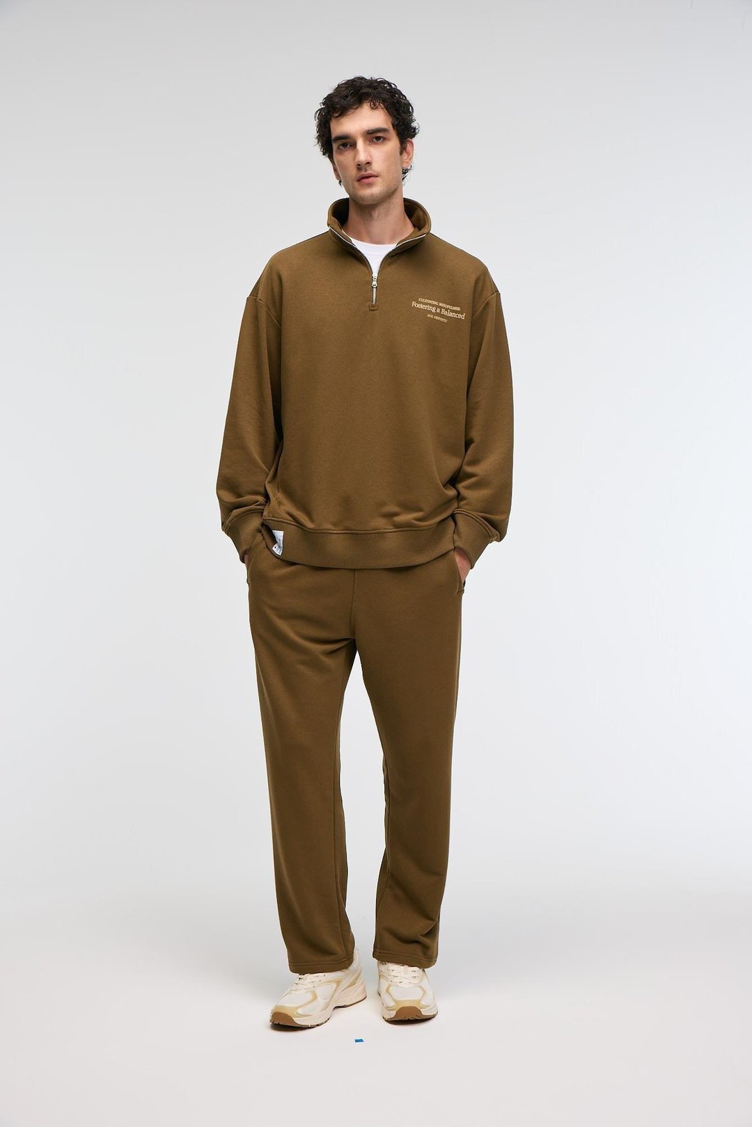 BRAM Erkek %100 Pamuk Dik Yakalı Yarım Fermuarlı Baskılı Haki Sweatshirt