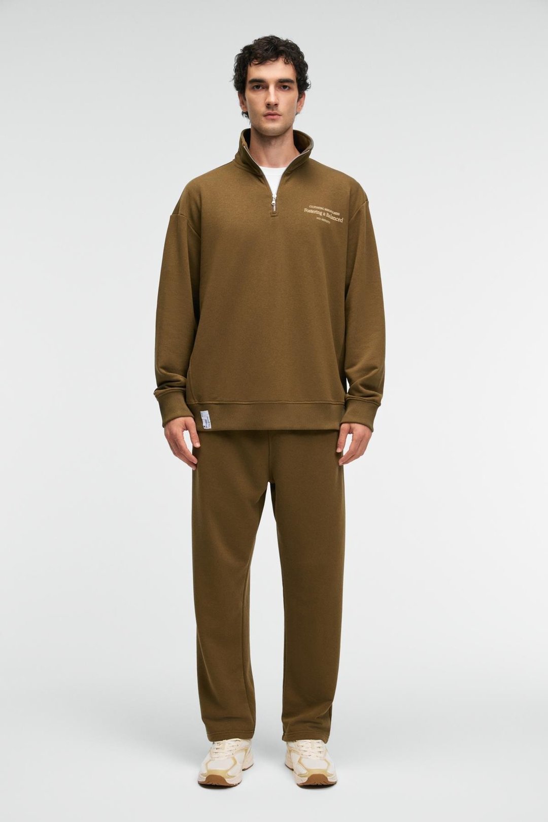 BRAM Erkek %100 Pamuk Dik Yakalı Yarım Fermuarlı Baskılı Haki Sweatshirt