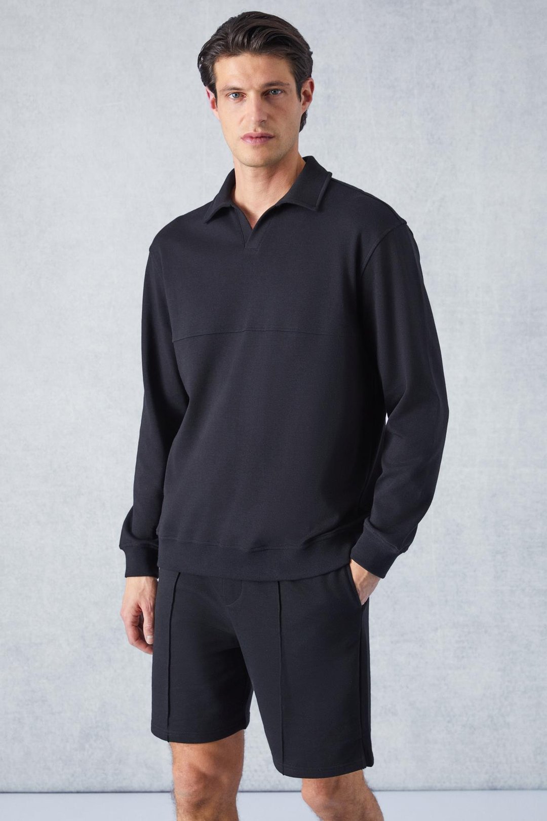 BUGATTI Erkek Polo Yakalı Uzun Kollu Relaxed Fit Siyah T-Shirt