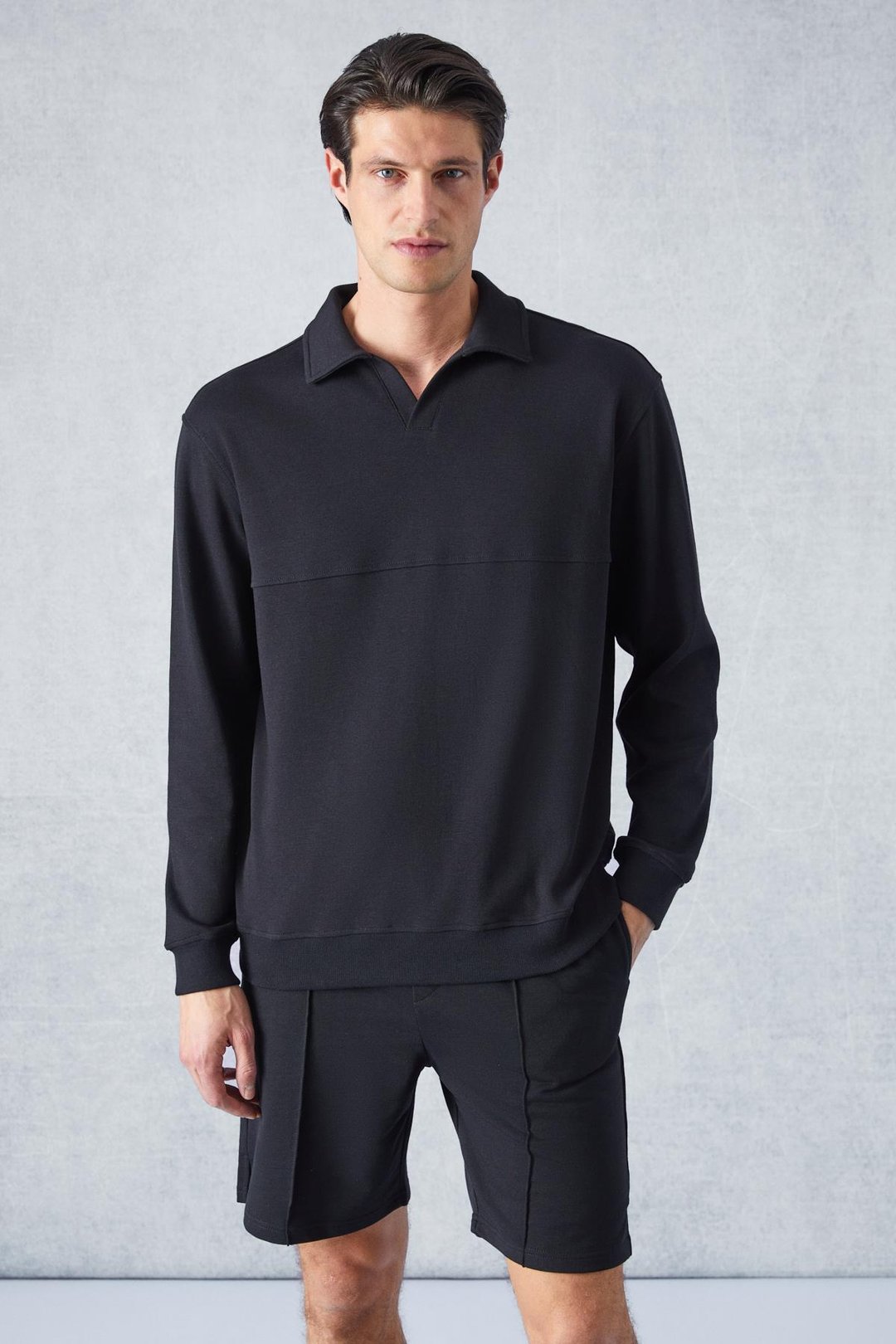 BUGATTI Erkek Polo Yakalı Uzun Kollu Relaxed Fit Siyah T-Shirt