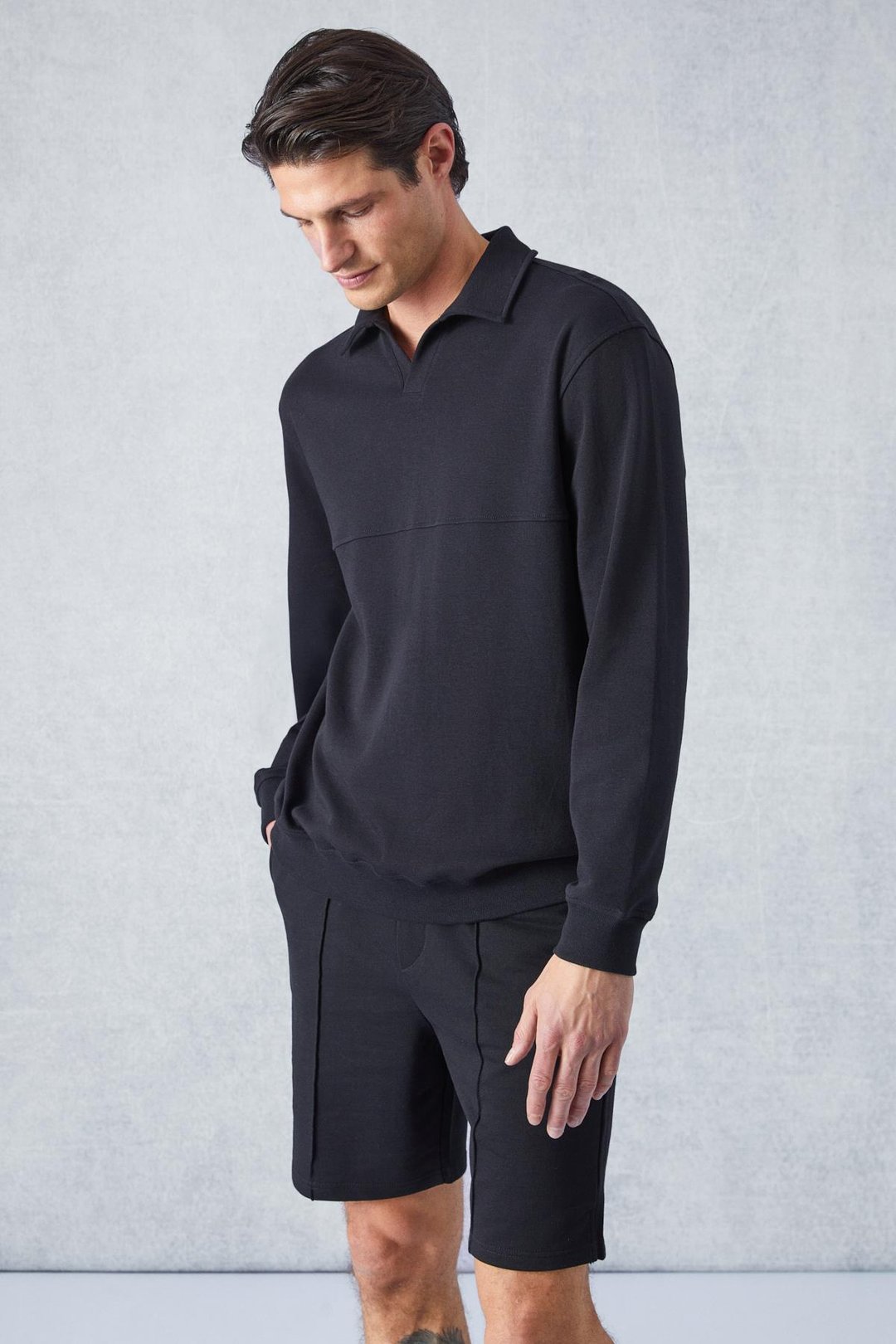 BUGATTI Erkek Polo Yakalı Uzun Kollu Relaxed Fit Siyah T-Shirt