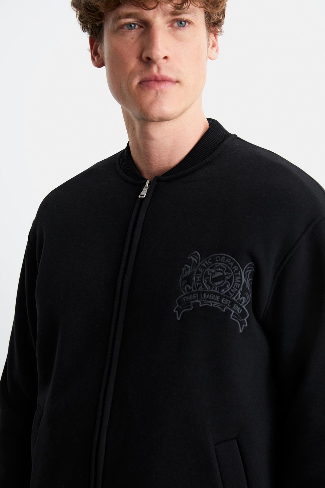 BURENIA Erkek Orgnaik Pamuklu Polarlı Kalın Kumaşlı Nakışlı Cepli Fermuarlı Bomber Siyah Ceket