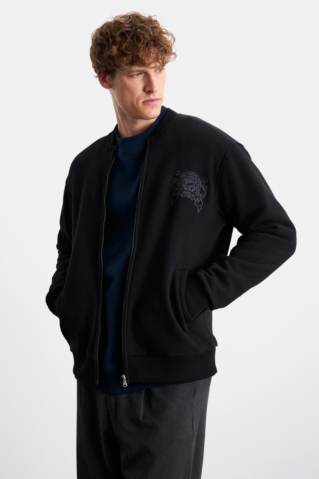 BURENIA Erkek Orgnaik Pamuklu Polarlı Kalın Kumaşlı Nakışlı Cepli Fermuarlı Bomber Siyah Ceket