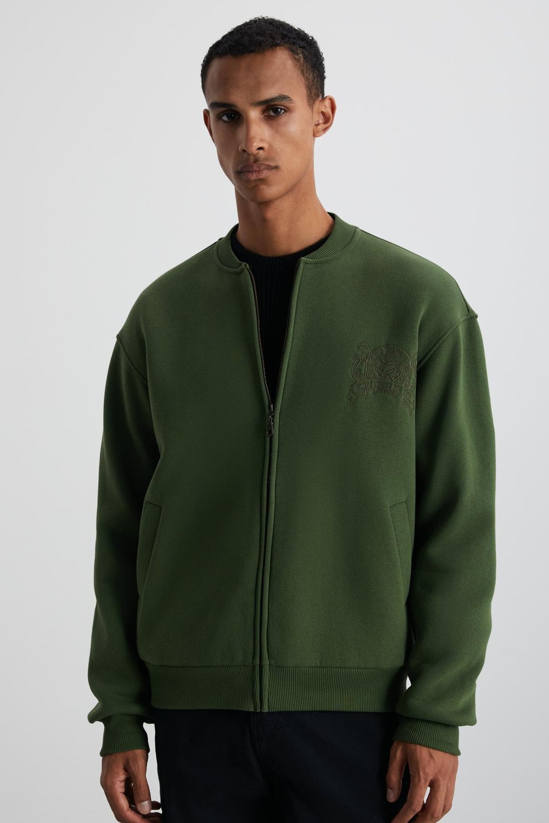 BURENIA Erkek Orgnaik Pamuklu Polarlı Kalın Kumaşlı Nakışlı Cepli Fermuarlı Bomber Haki Ceket