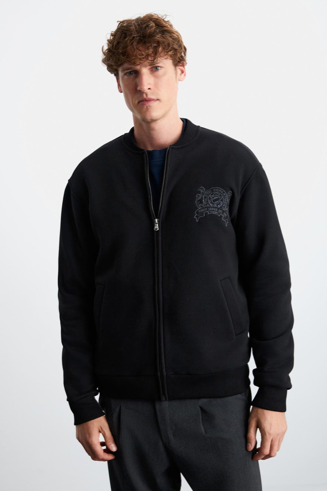 BURENIA Erkek Orgnaik Pamuklu Polarlı Kalın Kumaşlı Nakışlı Cepli Fermuarlı Bomber Siyah Ceket