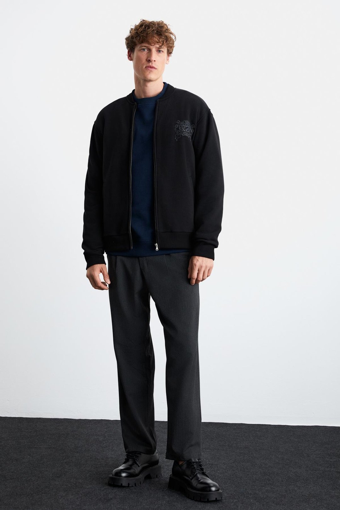 BURENIA Erkek Orgnaik Pamuklu Polarlı Kalın Kumaşlı Nakışlı Cepli Fermuarlı Bomber Siyah Ceket