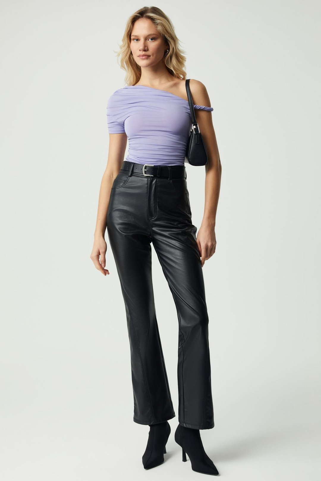 BURENTY Kadın Asimetrik Yaka Slim Kısa Kol Mor Bluz