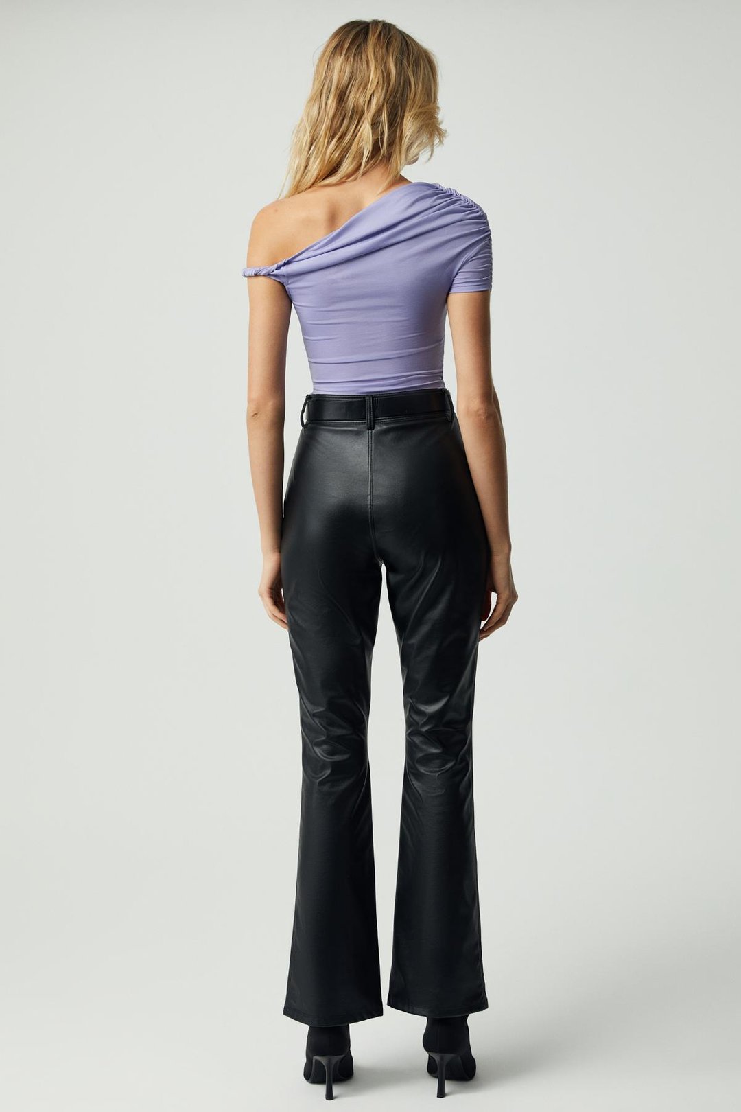 BURENTY Kadın Asimetrik Yaka Slim Kısa Kol Mor Bluz