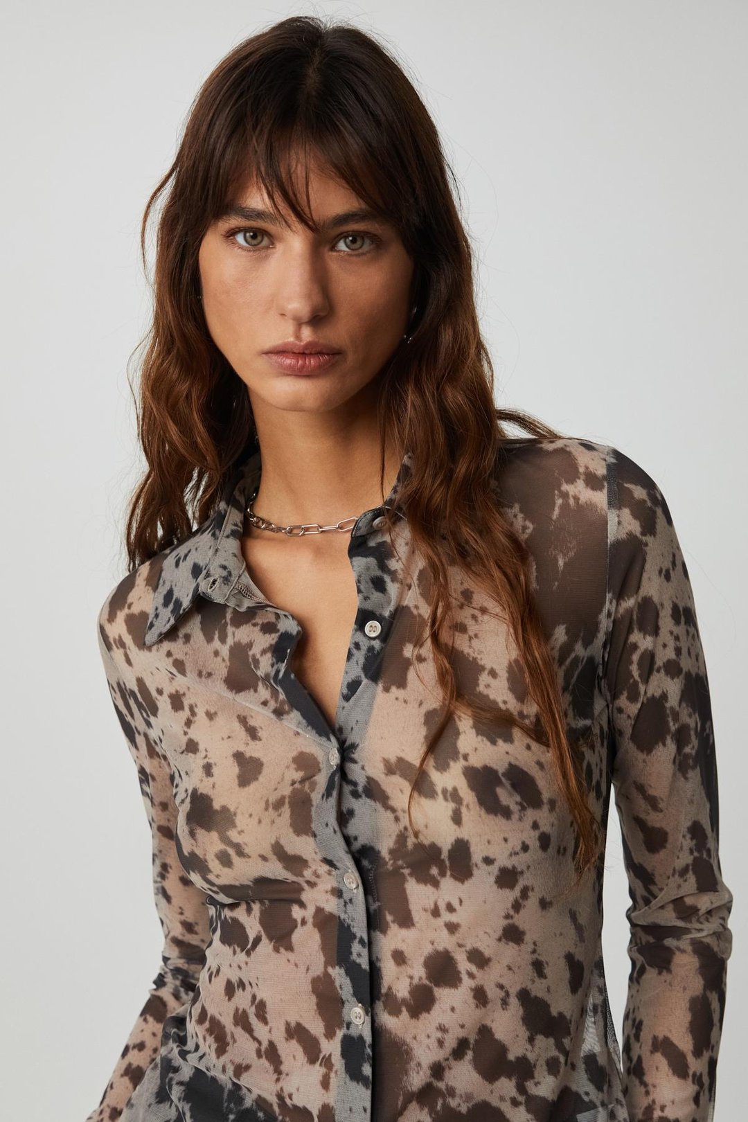 CAITLIN Kadın Slim Fit Uzun Kollu Siyah Desenli Gömlek