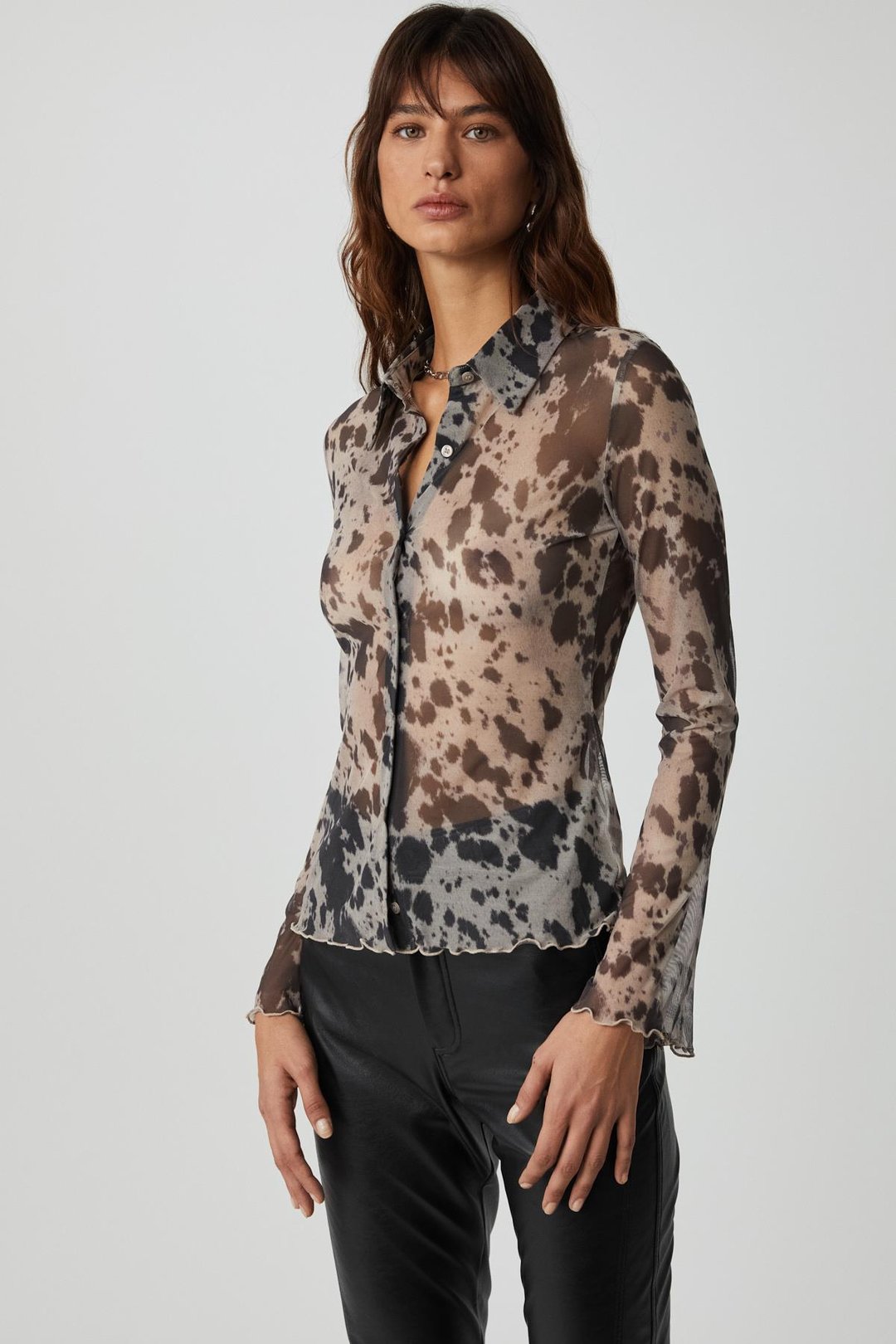 CAITLIN Kadın Slim Fit Uzun Kollu Siyah Desenli Gömlek