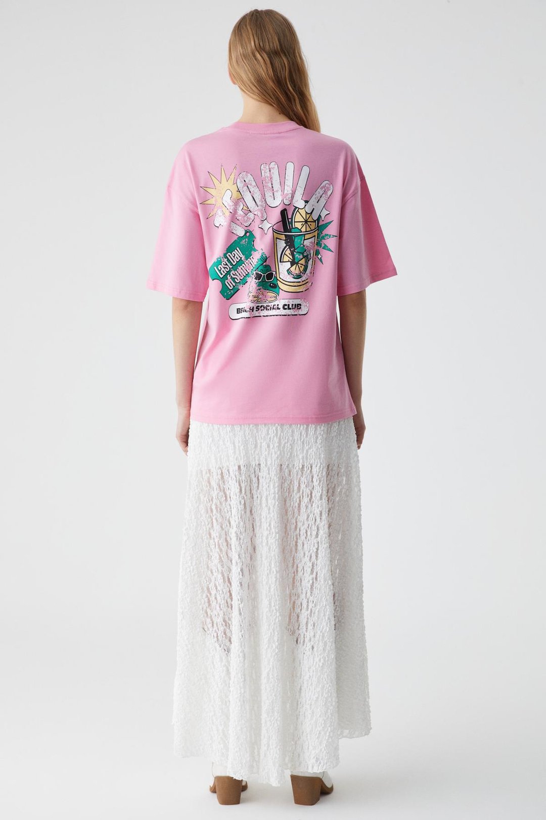 CAITLYN Kadın Oversize Bisiklet Yaka Pembe T-Shirt