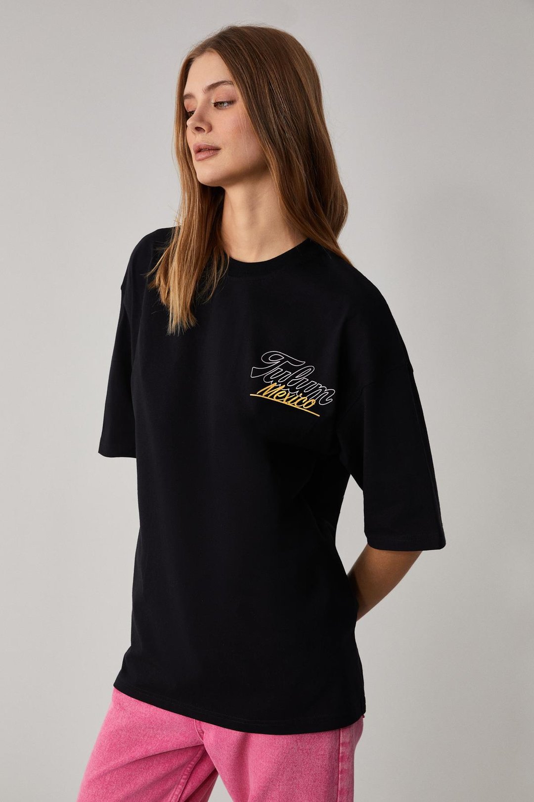 CAITLYN Kadın Oversize Bisiklet Yaka Siyah T-Shirt