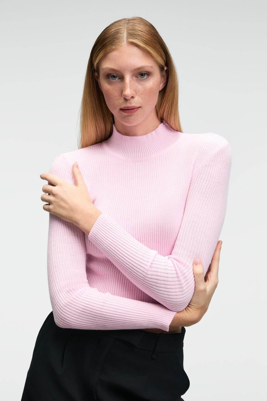 CALIDA Kadın Dik Yaka Fitilli Görünümlü Slim Fit Triko Pembe Kazak