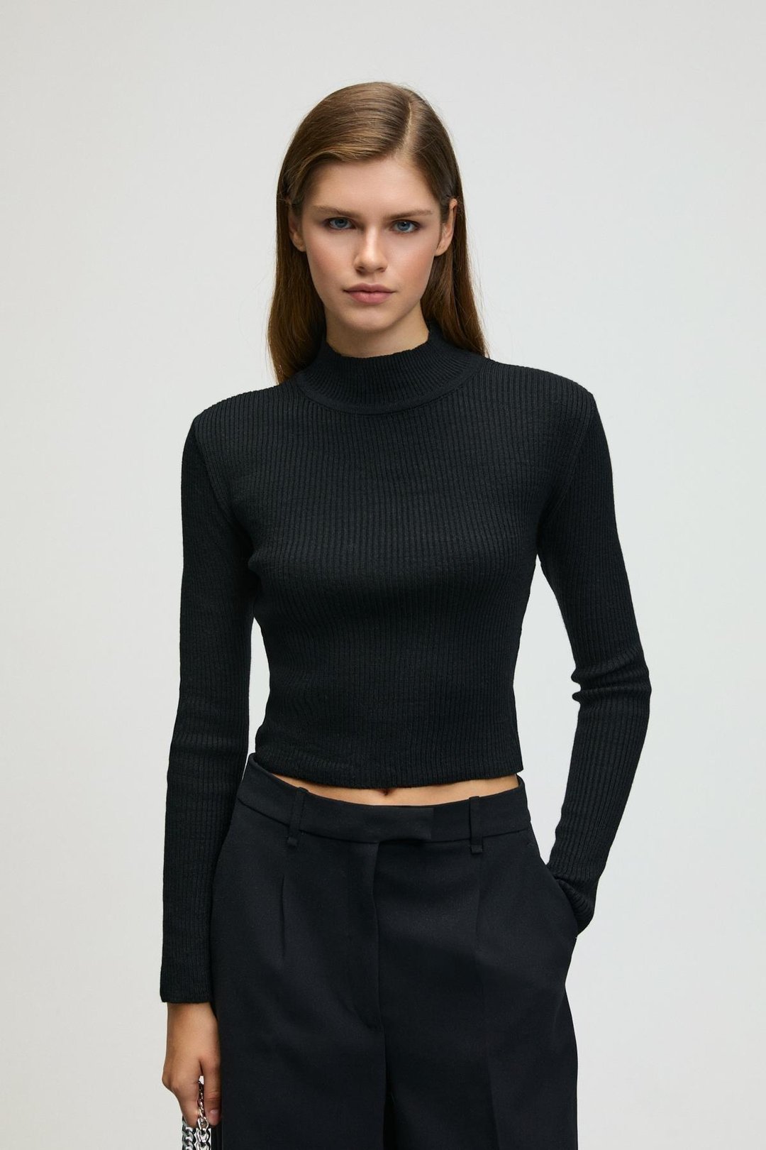 CALIDA Kadın Dik Yaka Fitilli Görünümlü Slim Fit Triko Siyah Kazak