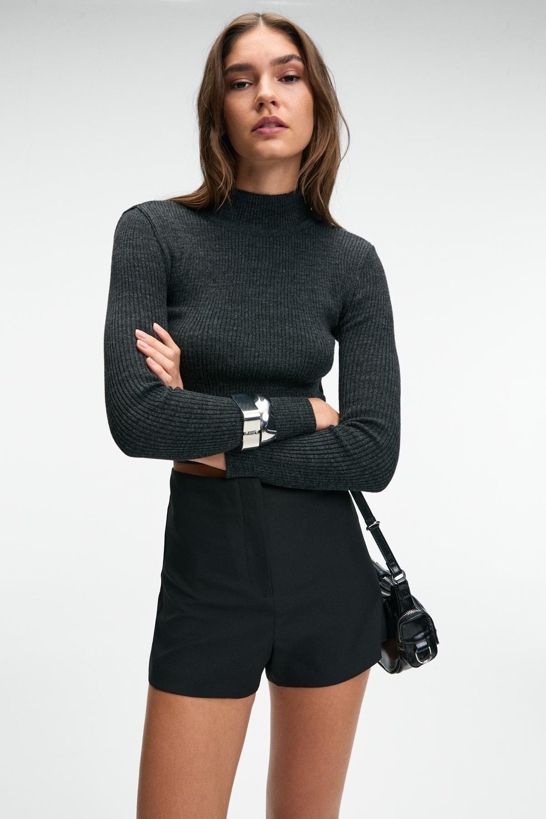 CALIDA Kadın Dik Yaka Fitilli Görünümlü Slim Fit Triko Antrasit Kazak