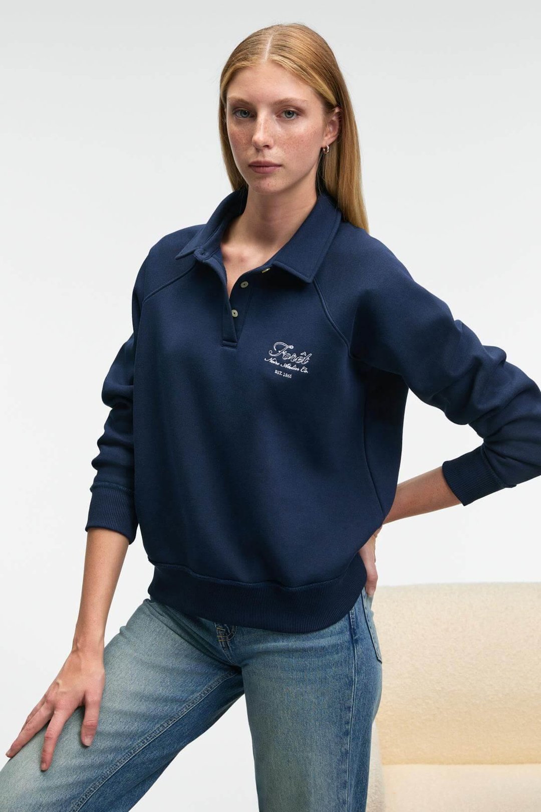 CAMIREL Kadın Polo Yaka Düğmeli Nakış Detaylı Reglan Kol Comfort Fit Lacivert Sweatshirt