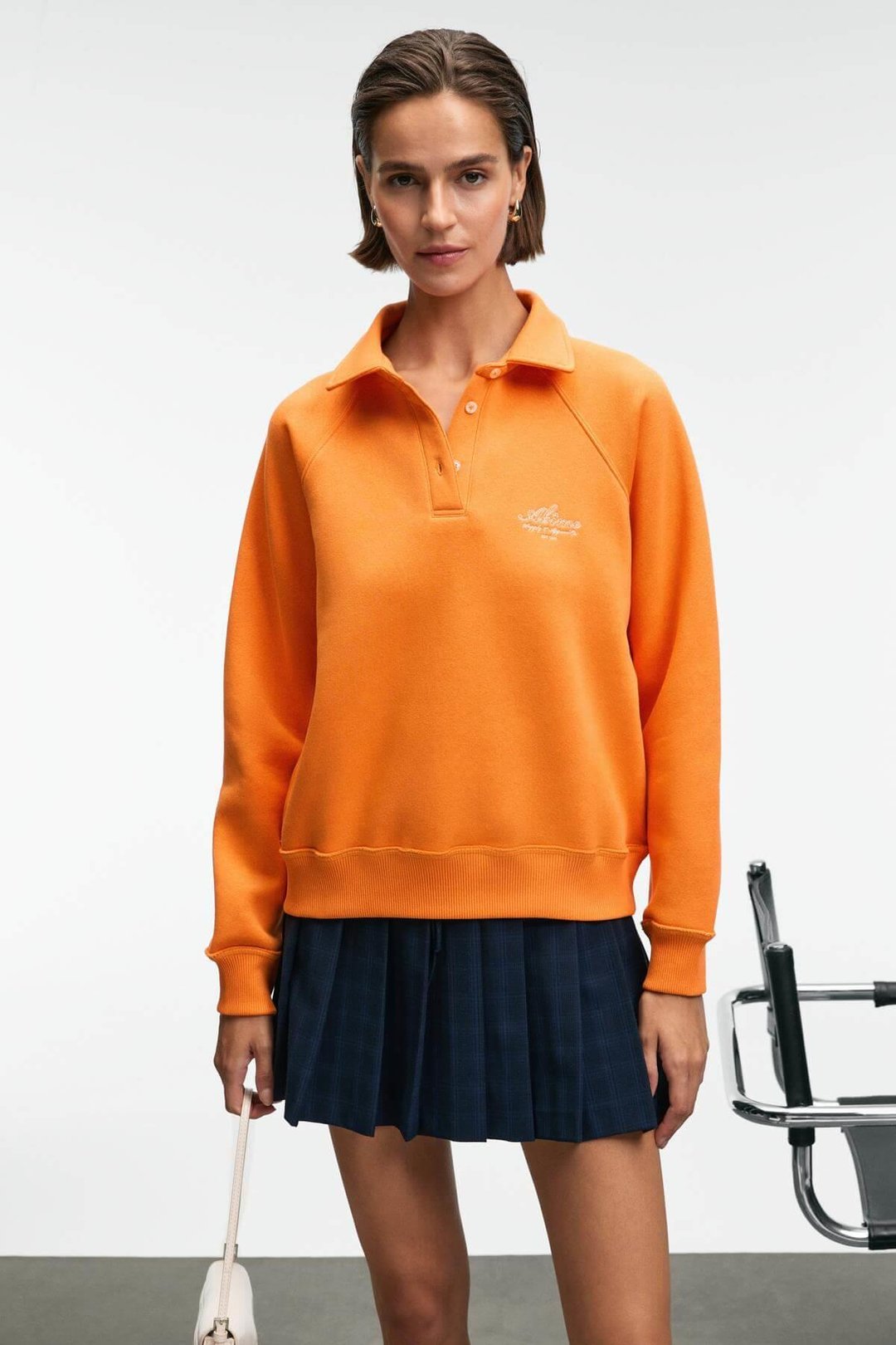 CAMIREL Kadın Polo Yaka Düğmeli Nakış Detaylı Reglan Kol Comfort Fit Turuncu Sweatshirt