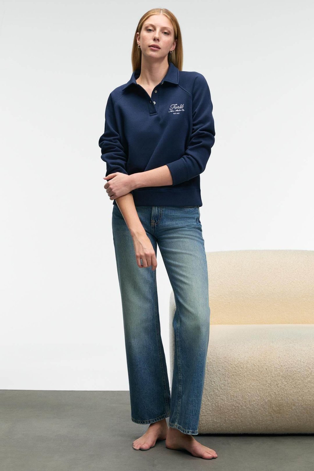 CAMIREL Kadın Polo Yaka Düğmeli Nakış Detaylı Reglan Kol Comfort Fit Lacivert Sweatshirt