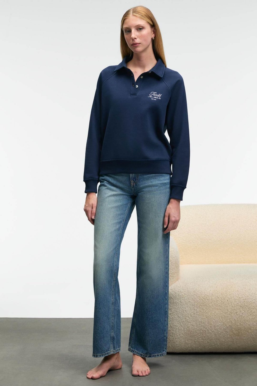 CAMIREL Kadın Polo Yaka Düğmeli Nakış Detaylı Reglan Kol Comfort Fit Lacivert Sweatshirt