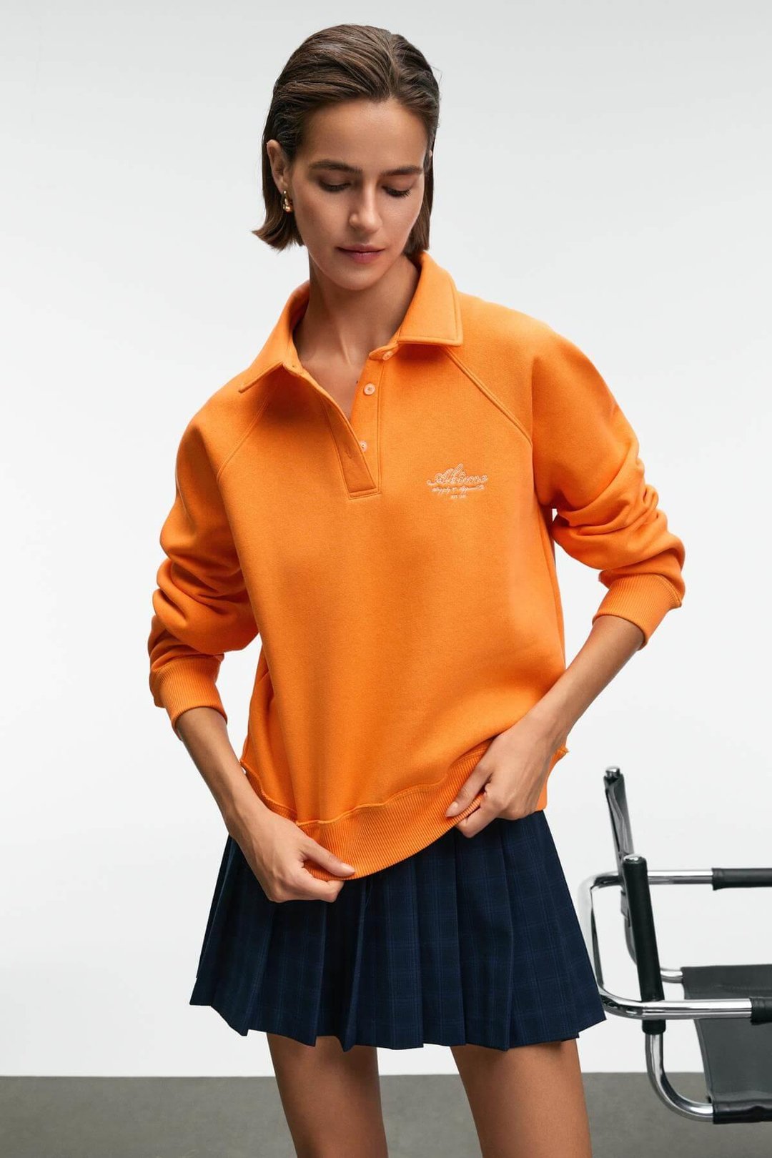 CAMIREL Kadın Polo Yaka Düğmeli Nakış Detaylı Reglan Kol Comfort Fit Turuncu Sweatshirt