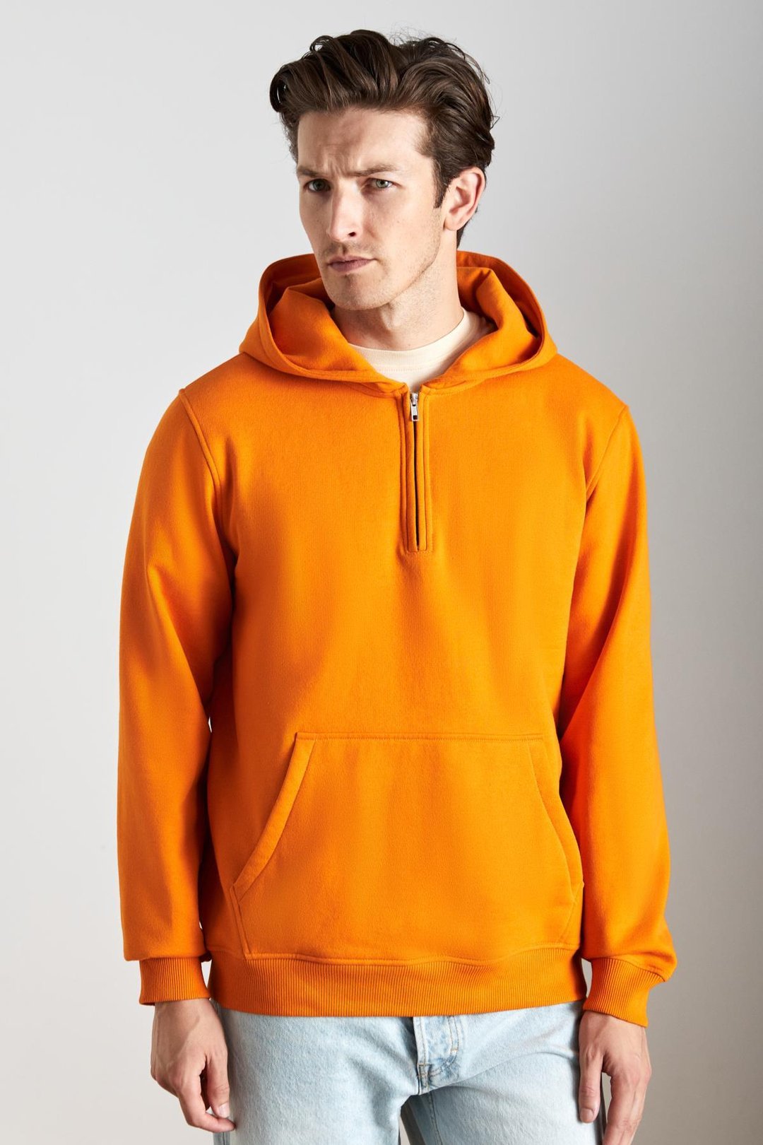 CANCELLED Erkek Pamuk Kapüşonlu Fermuarlı Yaka Turuncu Sweatshirt