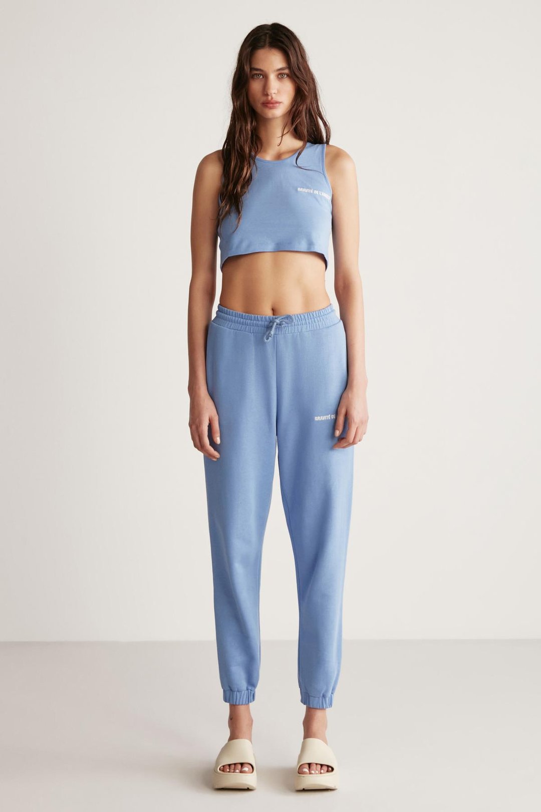 CARROLINE Kadın Nakış İşlemeli Relaxed Dar Paça Organik Pamuk Mavi Eşofman Altı