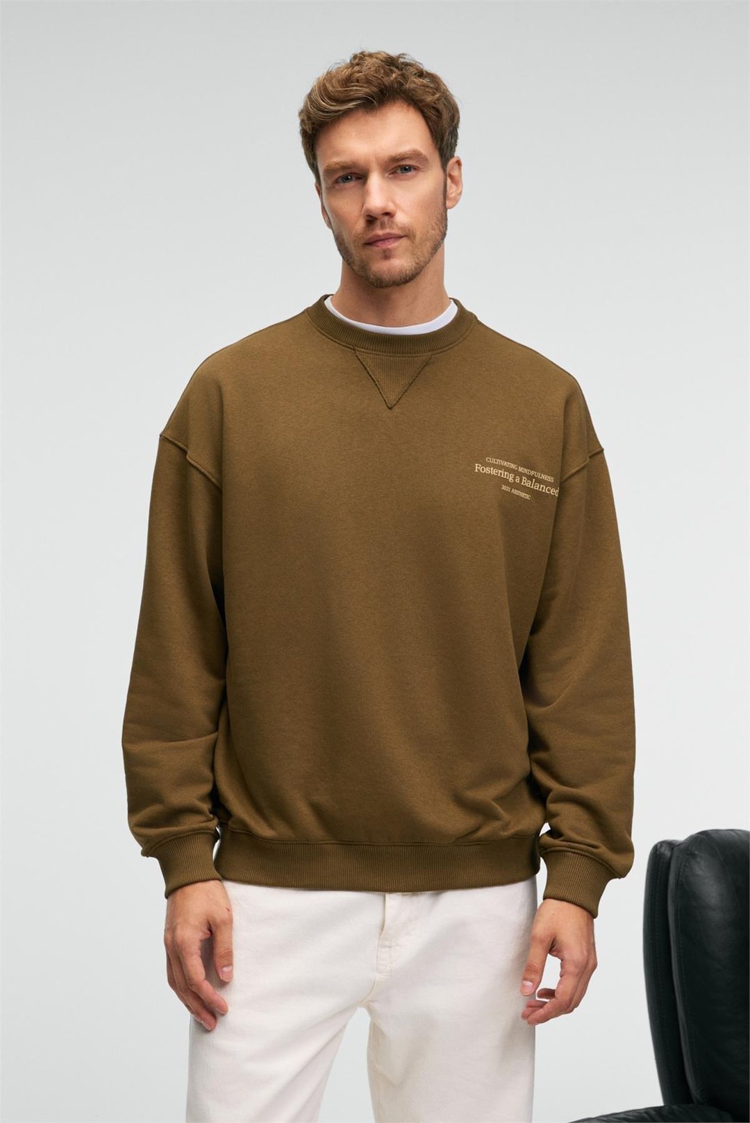 CASPIAN Erkek %100 Pamuk Bisiklet Yaka Karyoka Dikişli Baskılı Haki Sweatshirt