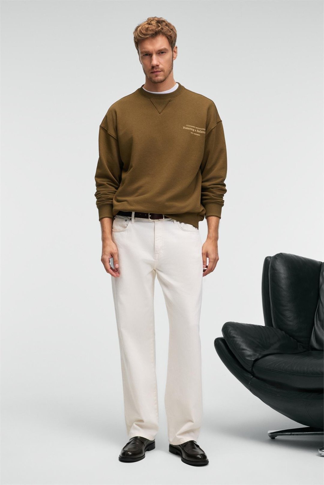 CASPIAN Erkek %100 Pamuk Bisiklet Yaka Karyoka Dikişli Baskılı Haki Sweatshirt