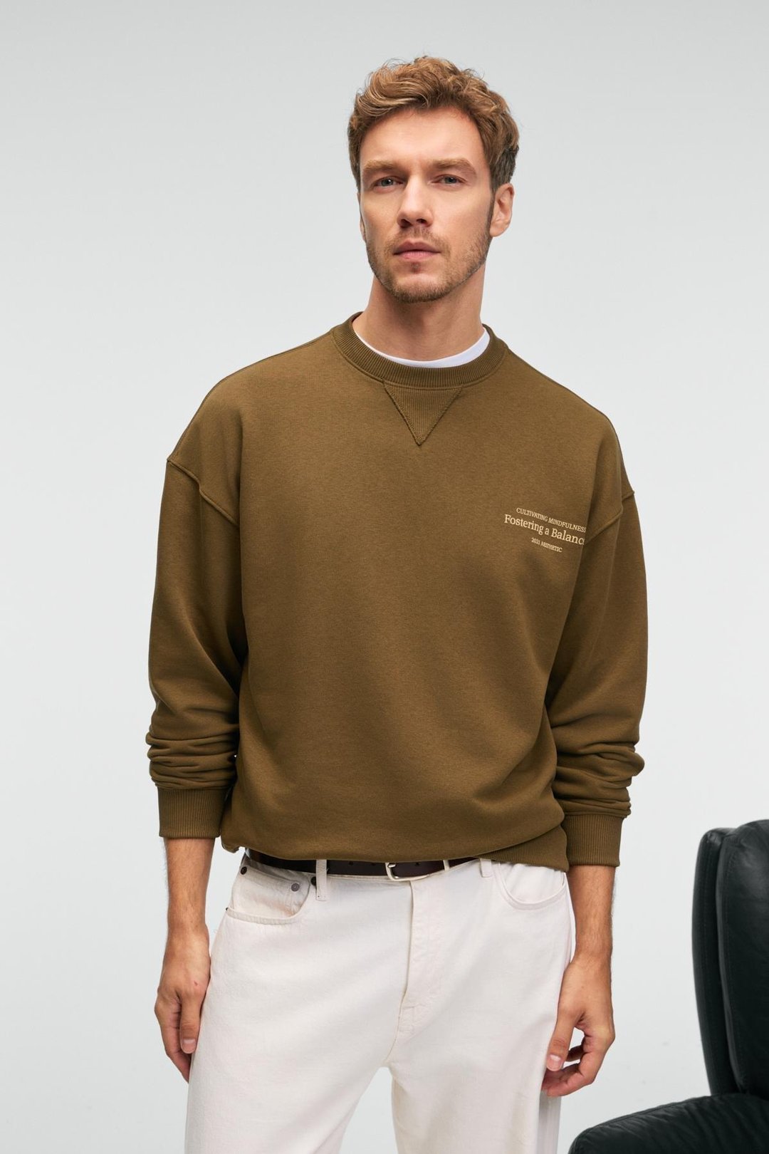 CASPIAN Erkek %100 Pamuk Bisiklet Yaka Karyoka Dikişli Baskılı Haki Sweatshirt