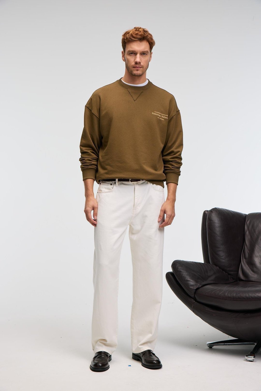 CASPIAN Erkek %100 Pamuk Bisiklet Yaka Karyoka Dikişli Baskılı Haki Sweatshirt