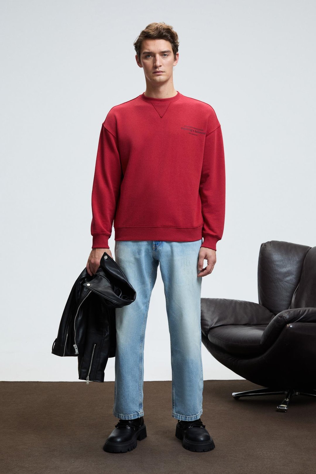 CASPIAN Erkek %100 Pamuk Bisiklet Yaka Karyoka Dikişli Baskılı Kırmızı Sweatshirt