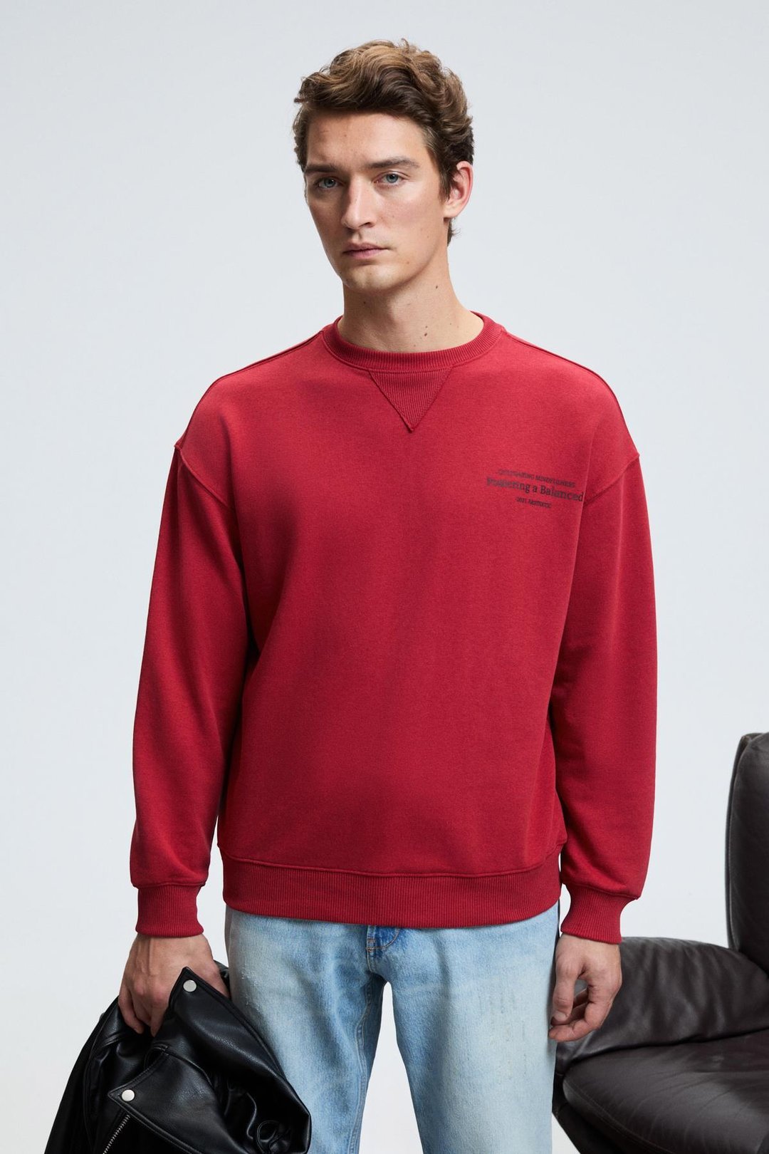 CASPIAN Erkek %100 Pamuk Bisiklet Yaka Karyoka Dikişli Baskılı Kırmızı Sweatshirt