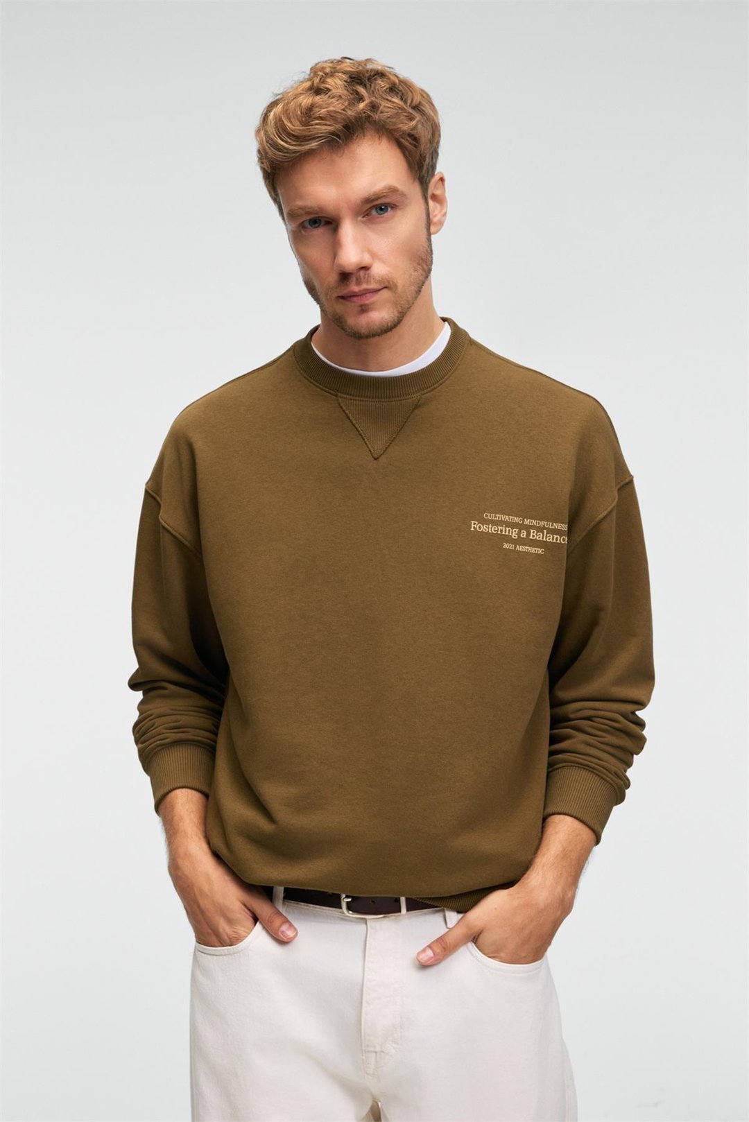 CASPIAN Erkek %100 Pamuk Bisiklet Yaka Karyoka Dikişli Baskılı Haki Sweatshirt