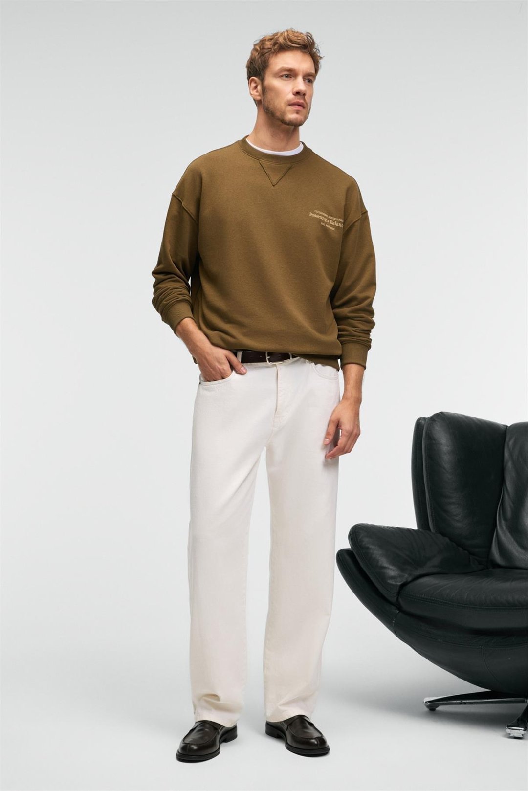 CASPIAN Erkek %100 Pamuk Bisiklet Yaka Karyoka Dikişli Baskılı Haki Sweatshirt