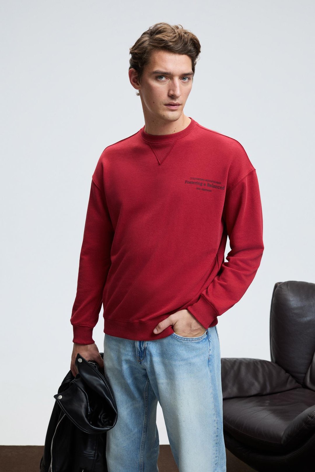 CASPIAN Erkek %100 Pamuk Bisiklet Yaka Karyoka Dikişli Baskılı Kırmızı Sweatshirt