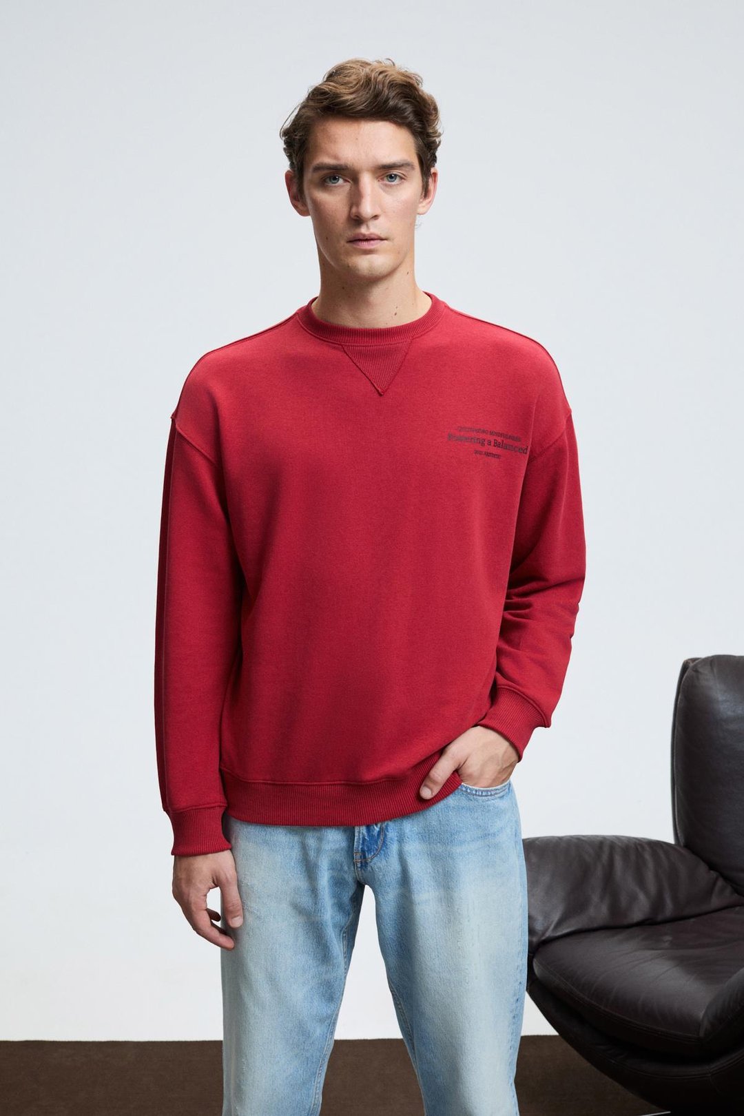 CASPIAN Erkek %100 Pamuk Bisiklet Yaka Karyoka Dikişli Baskılı Kırmızı Sweatshirt