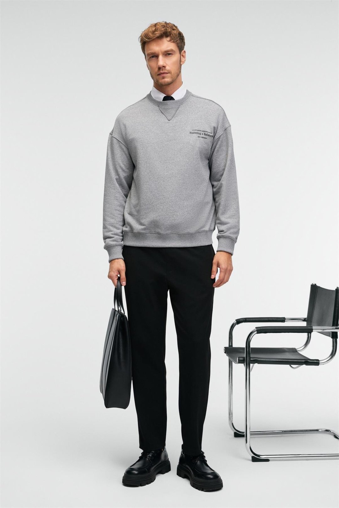 CASPIAN Erkek %100 Pamuk Bisiklet Yaka Karyoka Dikişli Baskılı Antrasit Sweatshirt