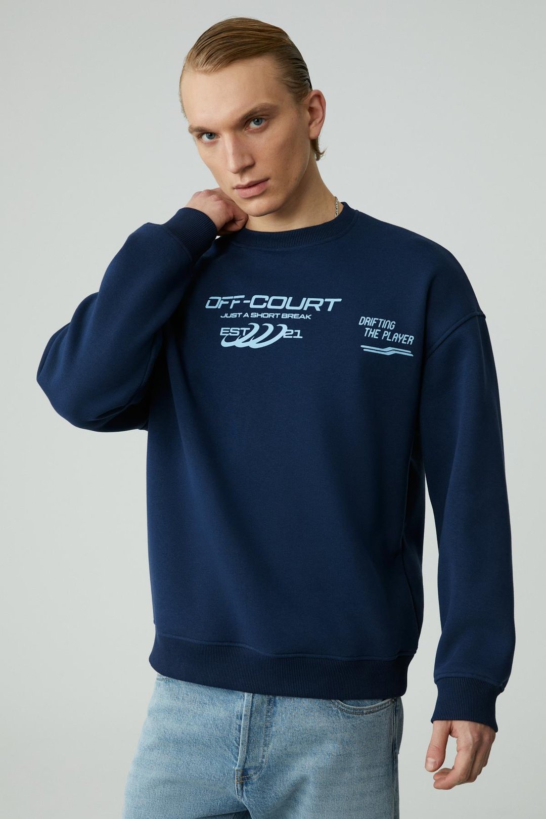 CASSY Erkek Organik Pamuklu Yumuşacık Baskı Detaylı Lacivert Sweatshirt