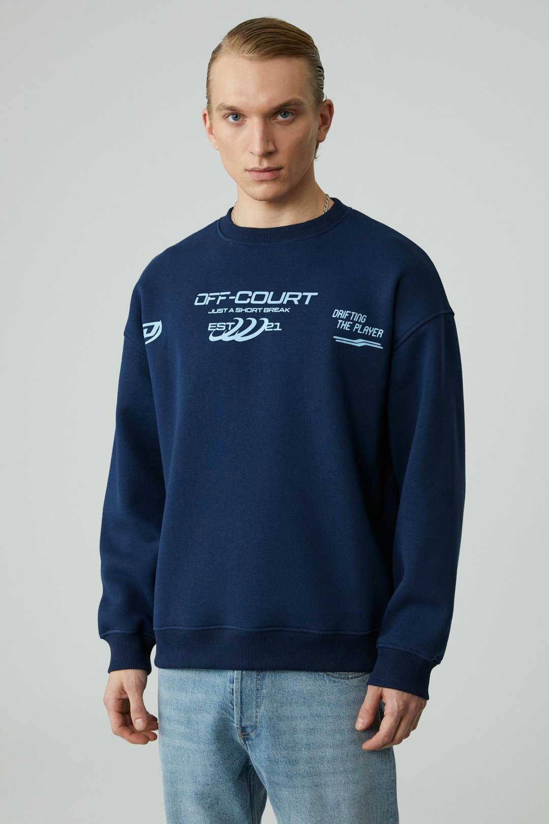 CASSY Erkek Organik Pamuklu Yumuşacık Baskı Detaylı Lacivert Sweatshirt