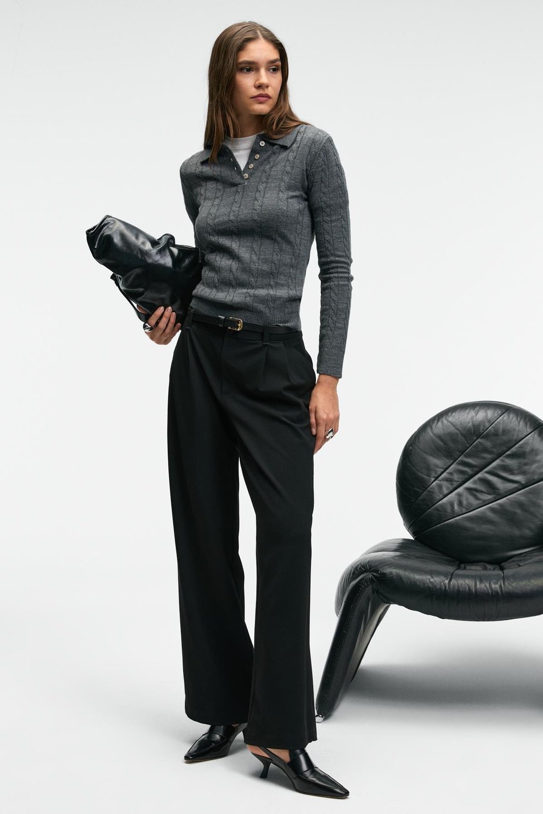 CASTANA Kadın Polo Yaka Düğmeli Regular Fit Triko Antrasit Kazak