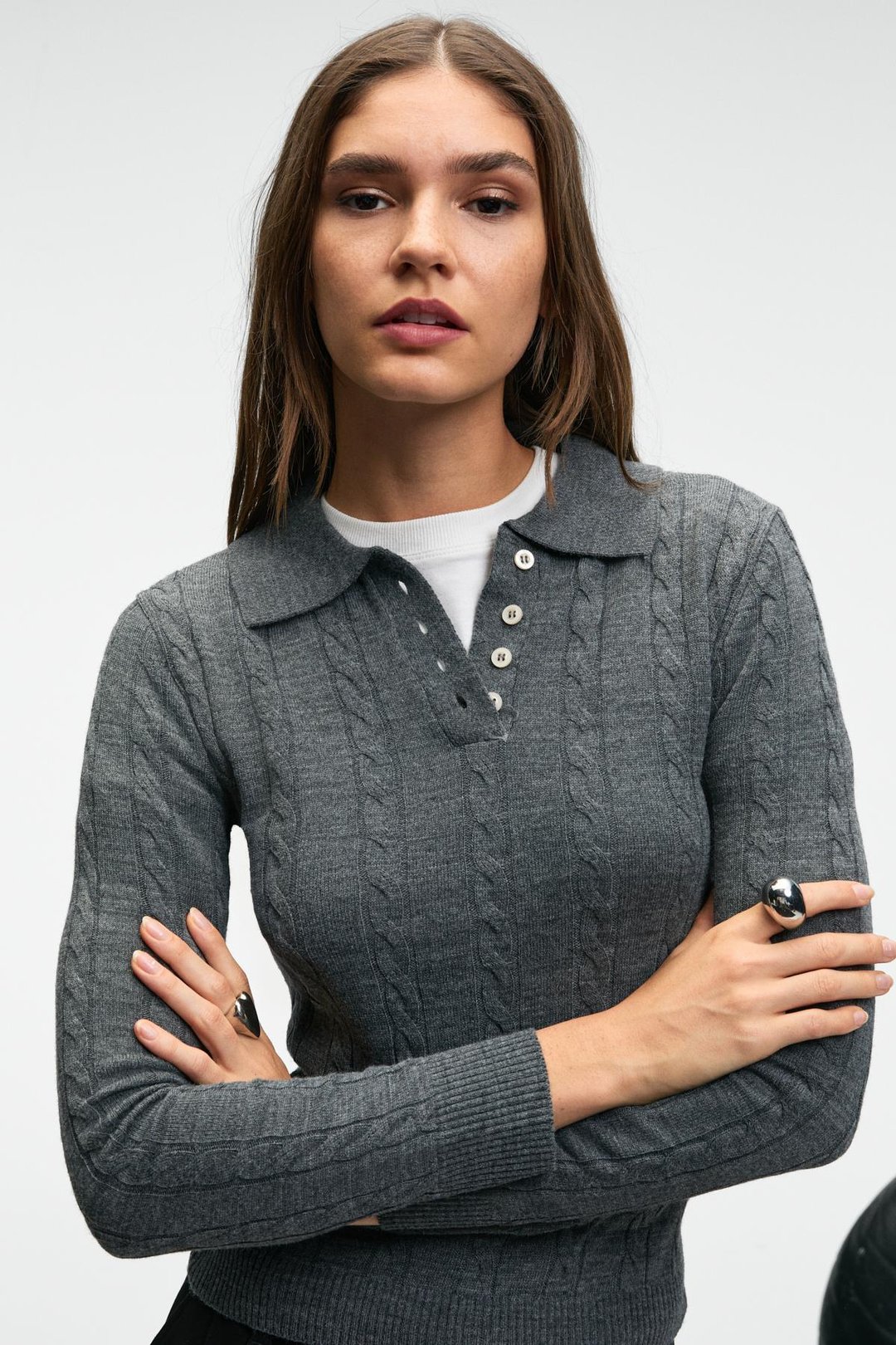 CASTANA Kadın Polo Yaka Düğmeli Regular Fit Triko Antrasit Kazak